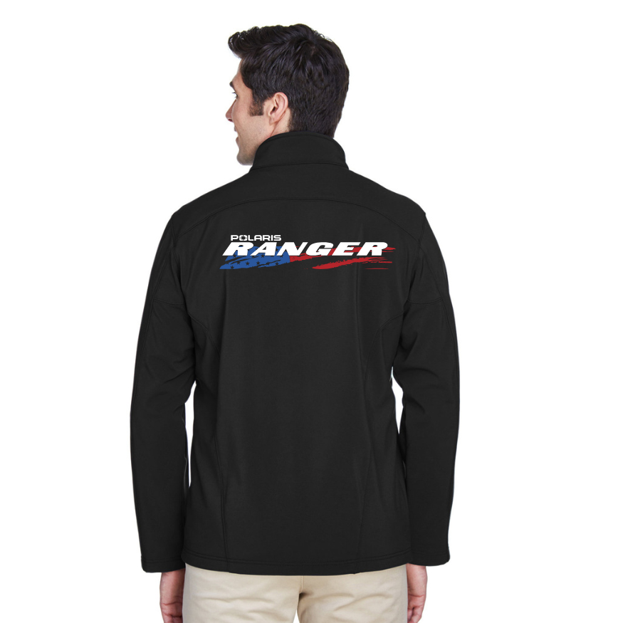 Black jacket with 'Polaris Ranger' logo on the back, worn by a person against a white background