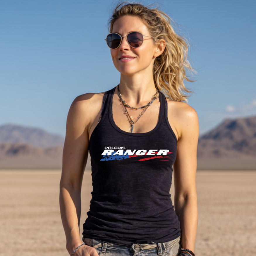 Woman wearing a black tank top with Polaris Ranger logo in a desert setting