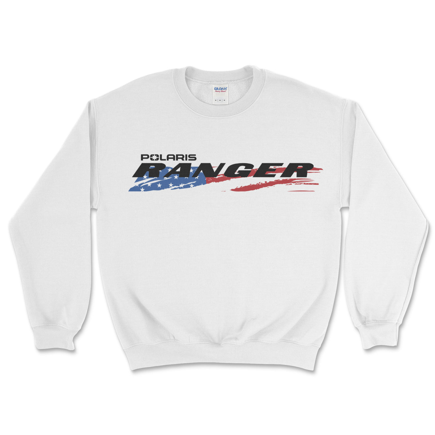 White sweatshirt with Polaris Ranger logo on a white background