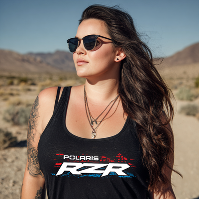 Woman wearing a black tank top with Polaris RZR logo in a desert setting