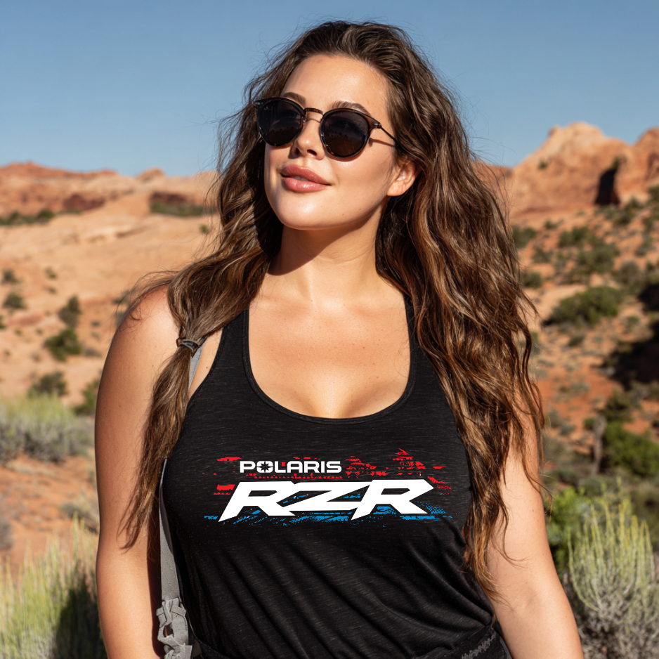 Woman wearing a black tank top with Polaris RZR logo in a desert setting
