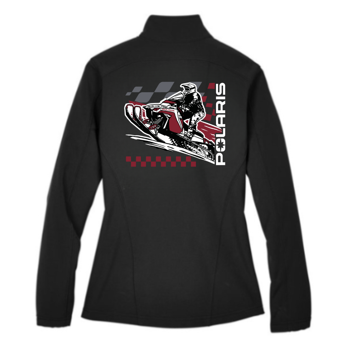 Black jacket with Polaris snowmobile graphic on a white background