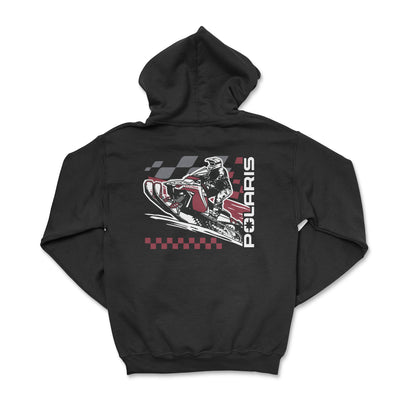 Black hoodie with Polaris graphic on a white background