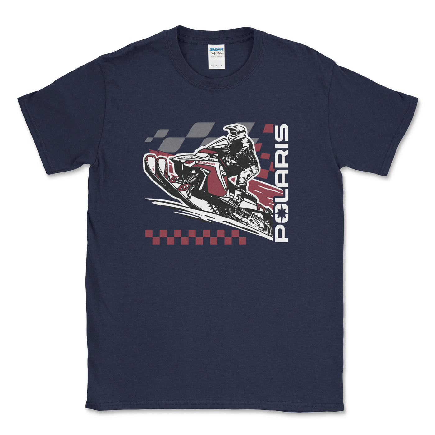 Navy blue t-shirt with Polaris snowmobile graphic on a white background