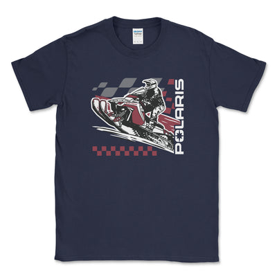 Navy blue t-shirt with Polaris snowmobile graphic on a white background
