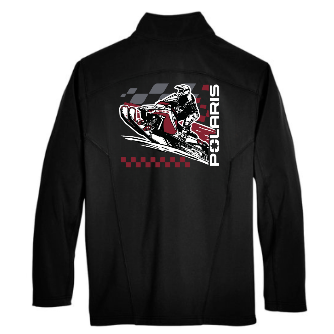 Black jacket with Polaris snowmobile graphic on a white background