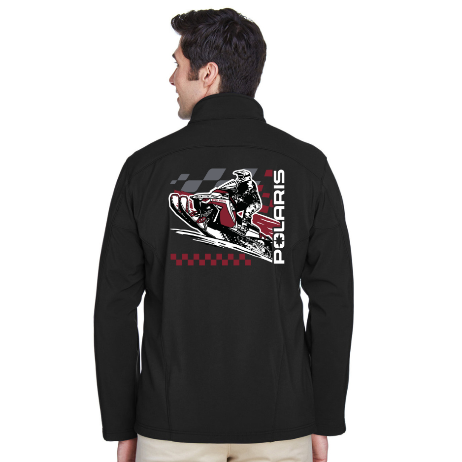 Black jacket with Polaris graphic on the back, worn by a person