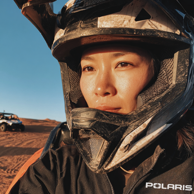 Person wearing a helmet in a desert setting with Polaris branding.