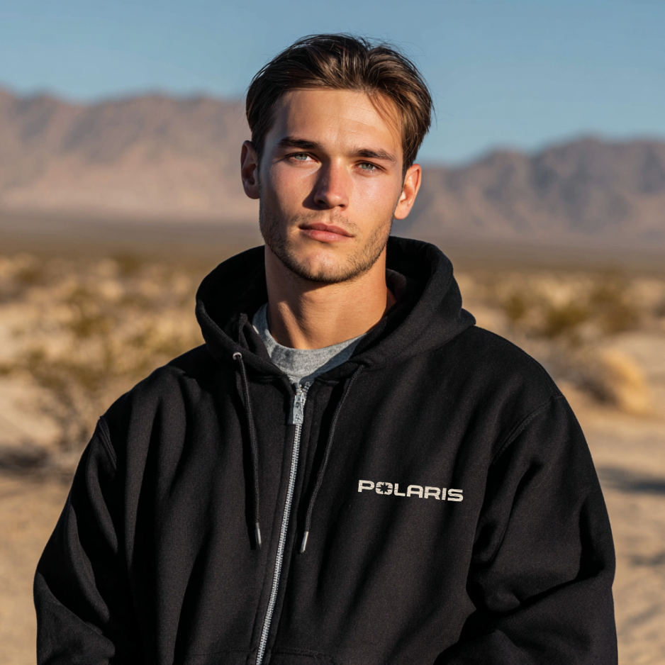 Man wearing a black hoodie with Polaris logo in a desert setting
