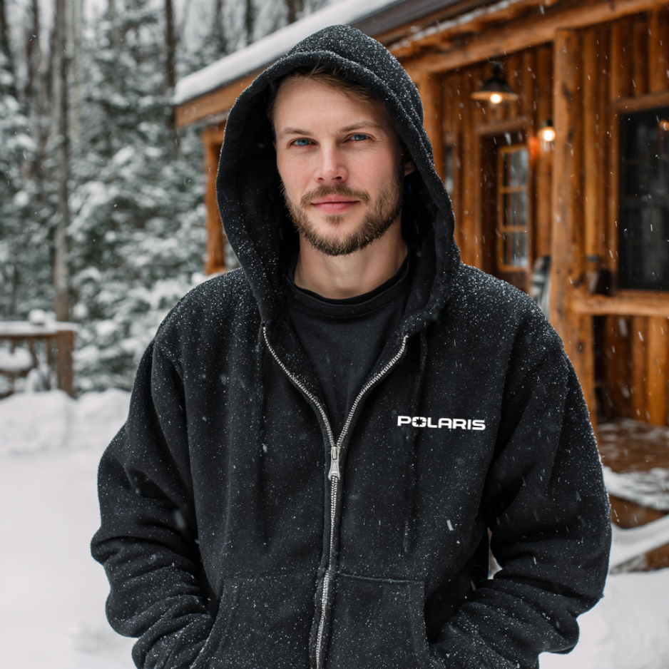 Man wearing a black Polaris hoodie in a snowy outdoor setting with a wooden cabin.