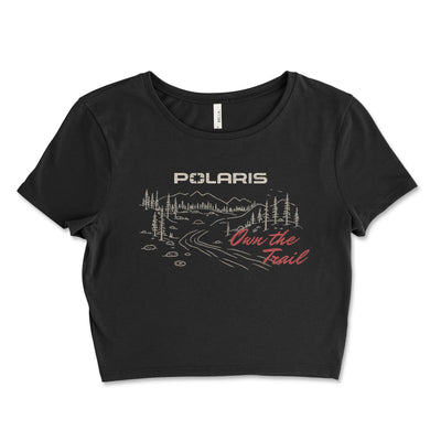 Black t-shirt with Polaris logo and 'Own the Trail' text on a white background
