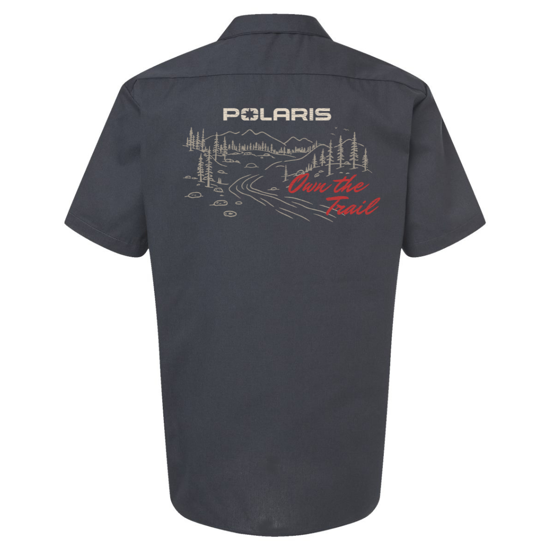 Gray work shirt with Polaris logo and 'Own the Trail' text on the back, on a white background