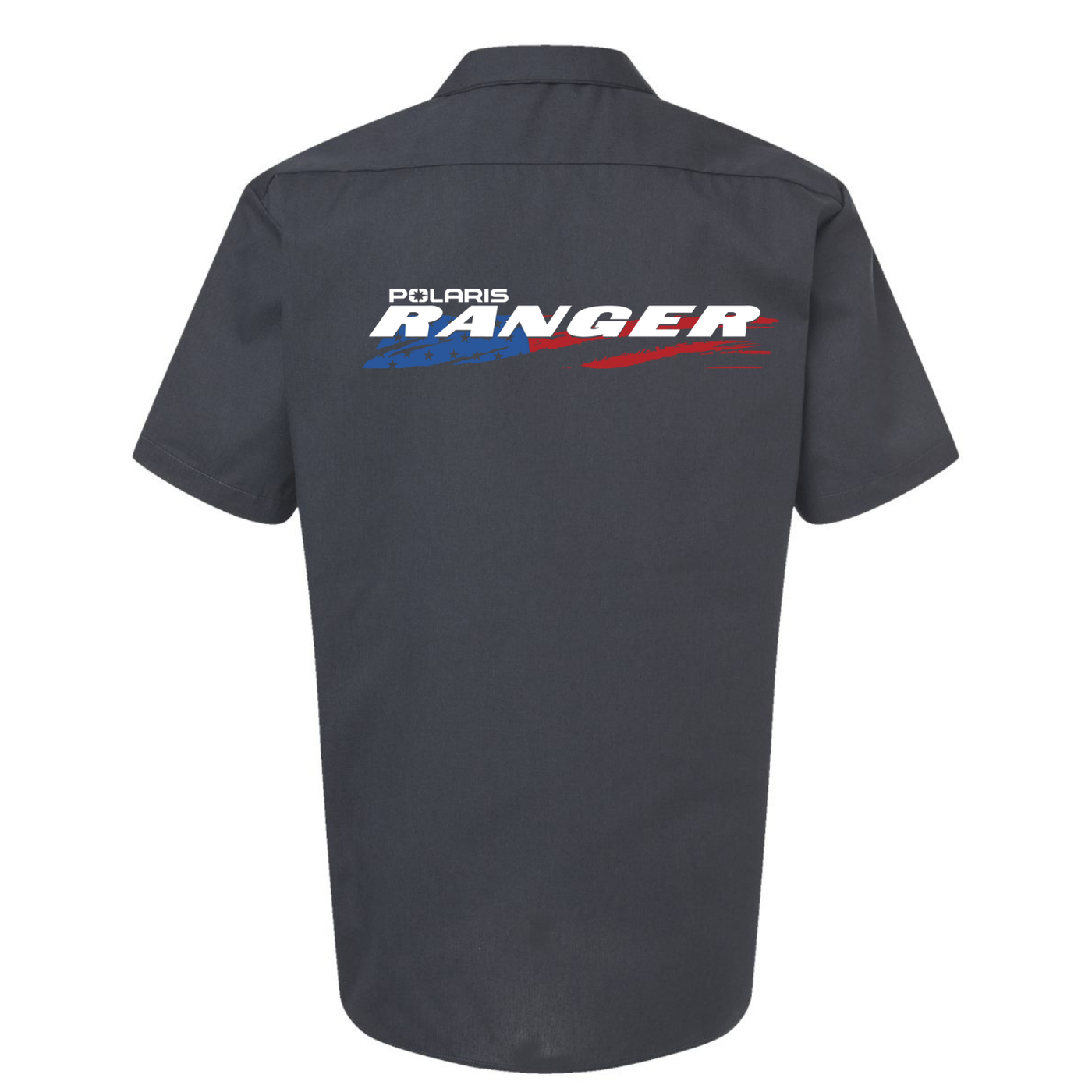 Dark gray work shirt with Polaris Ranger logo on the back against a white background