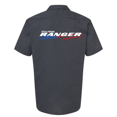Dark gray work shirt with Polaris Ranger logo on the back against a white background