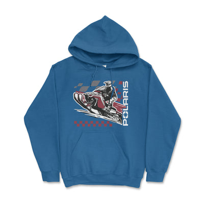 Blue hoodie with Polaris snowmobile graphic on a white background