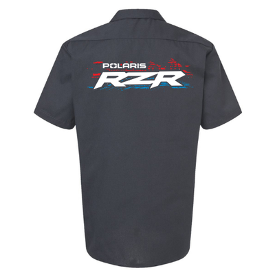 Dark gray work shirt with Polaris RZR logo on the back against a white background