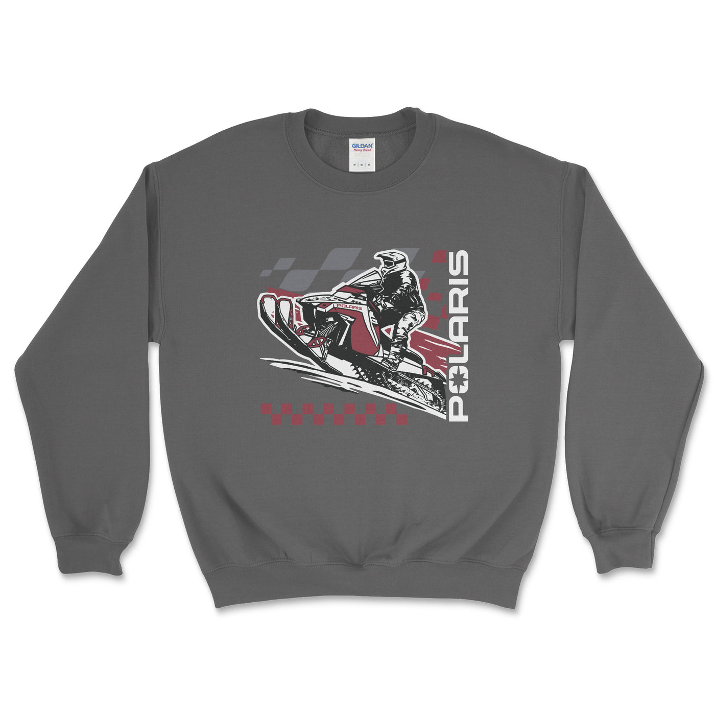Gray sweatshirt with Polaris snowmobile graphic on a white background