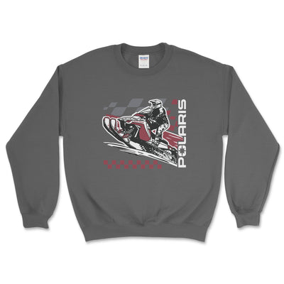 Gray sweatshirt with Polaris snowmobile graphic on a white background