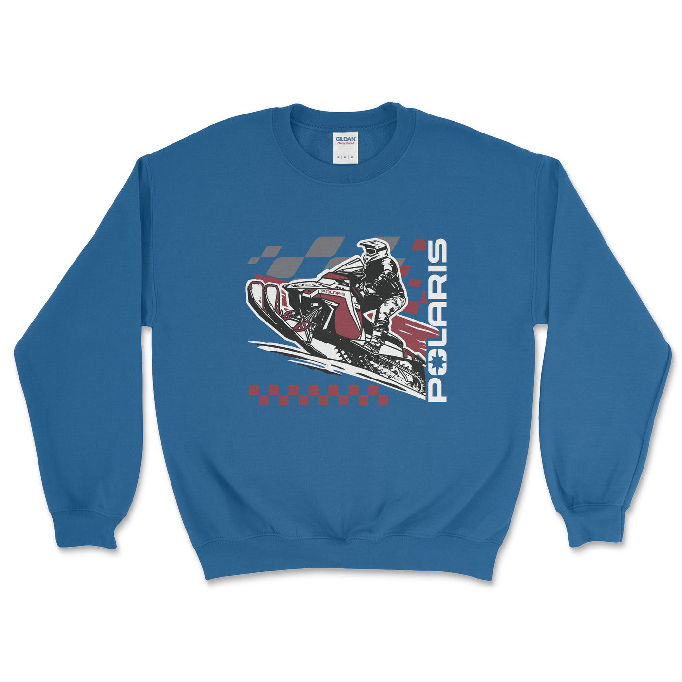 Blue sweatshirt with a graphic of a snowmobile and 'Polaris' branding on a white background