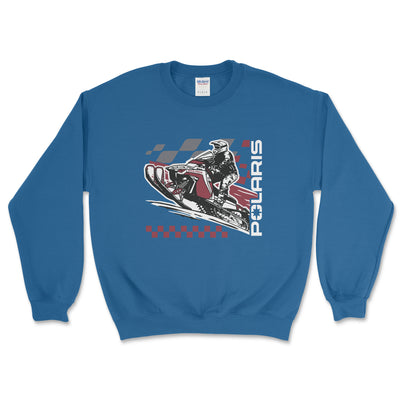 Blue sweatshirt with a graphic of a snowmobile and 'Polaris' branding on a white background