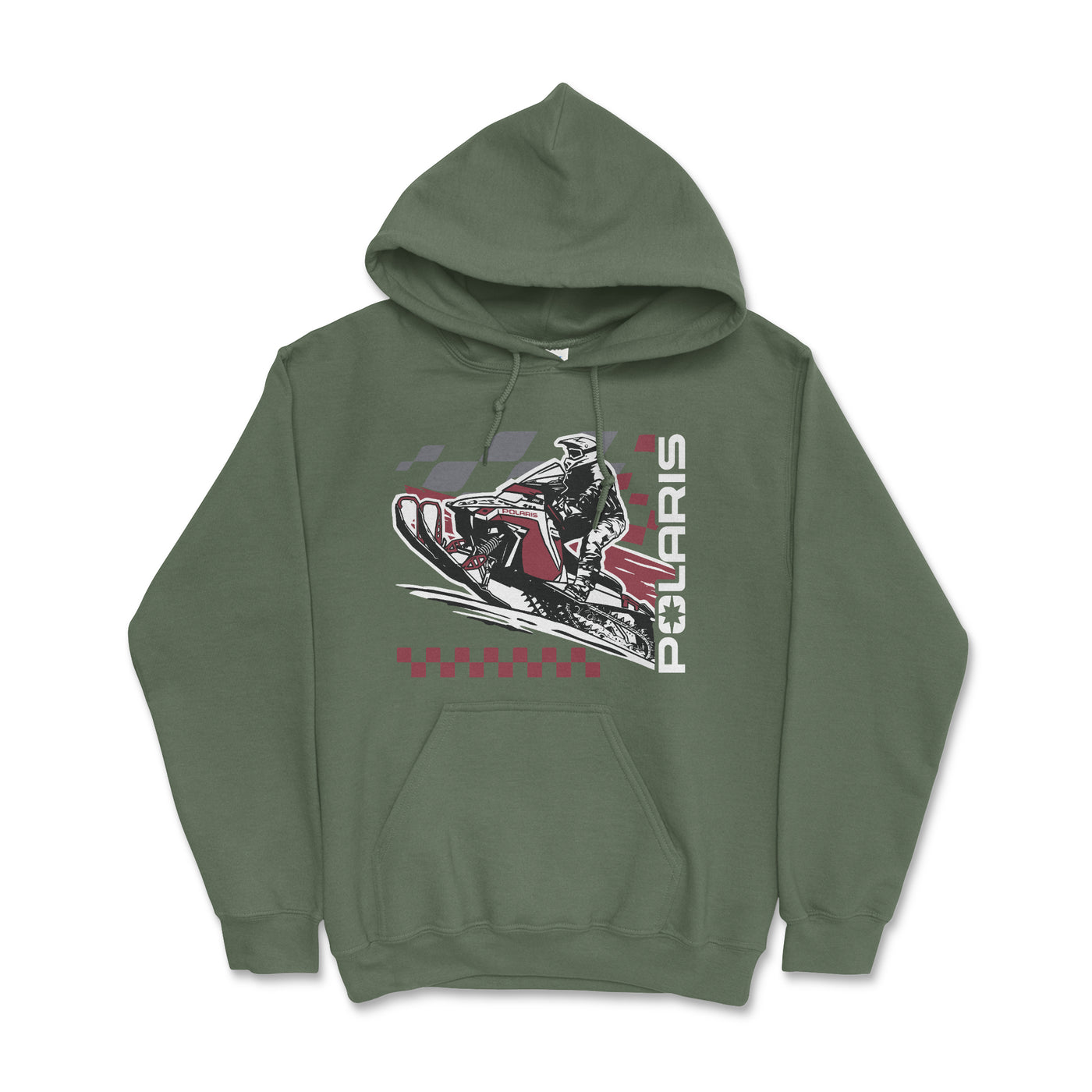 Green hoodie with Polaris snowmobile graphic on a white background