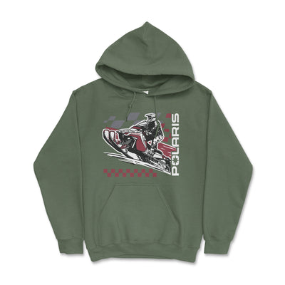 Green hoodie with Polaris snowmobile graphic on a white background