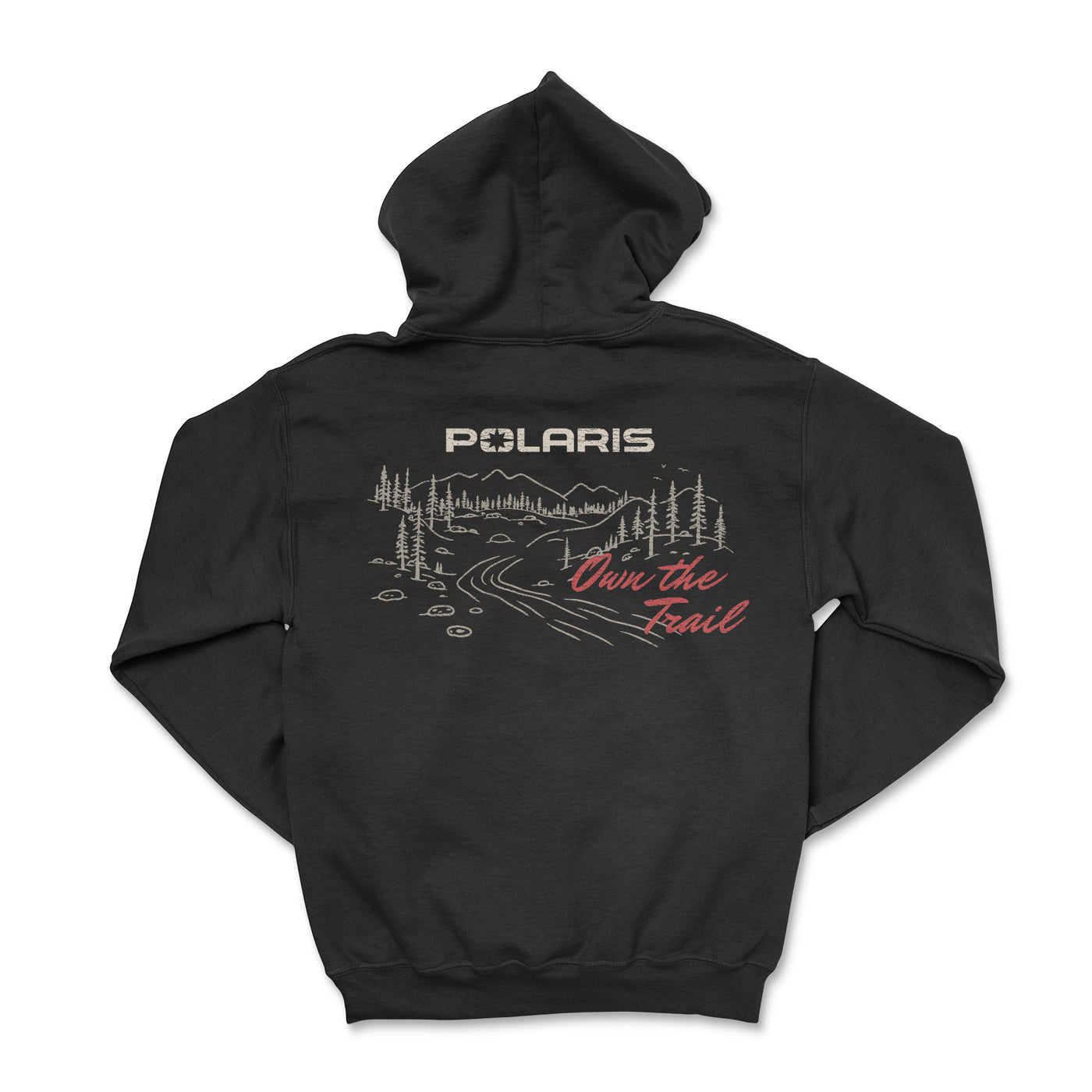 Black hoodie with 'Polaris' logo and graphic design on a white background