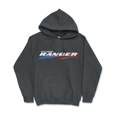 Dark gray hoodie with 'Polaris Ranger' logo on a white background
