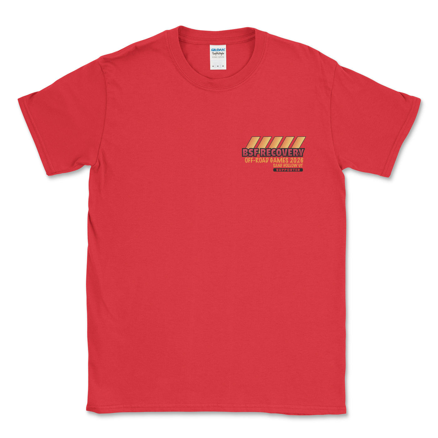 Red t-shirt with a logo on the chest against a white background