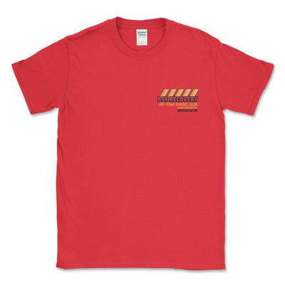 Red t-shirt with a logo on the chest against a white background
