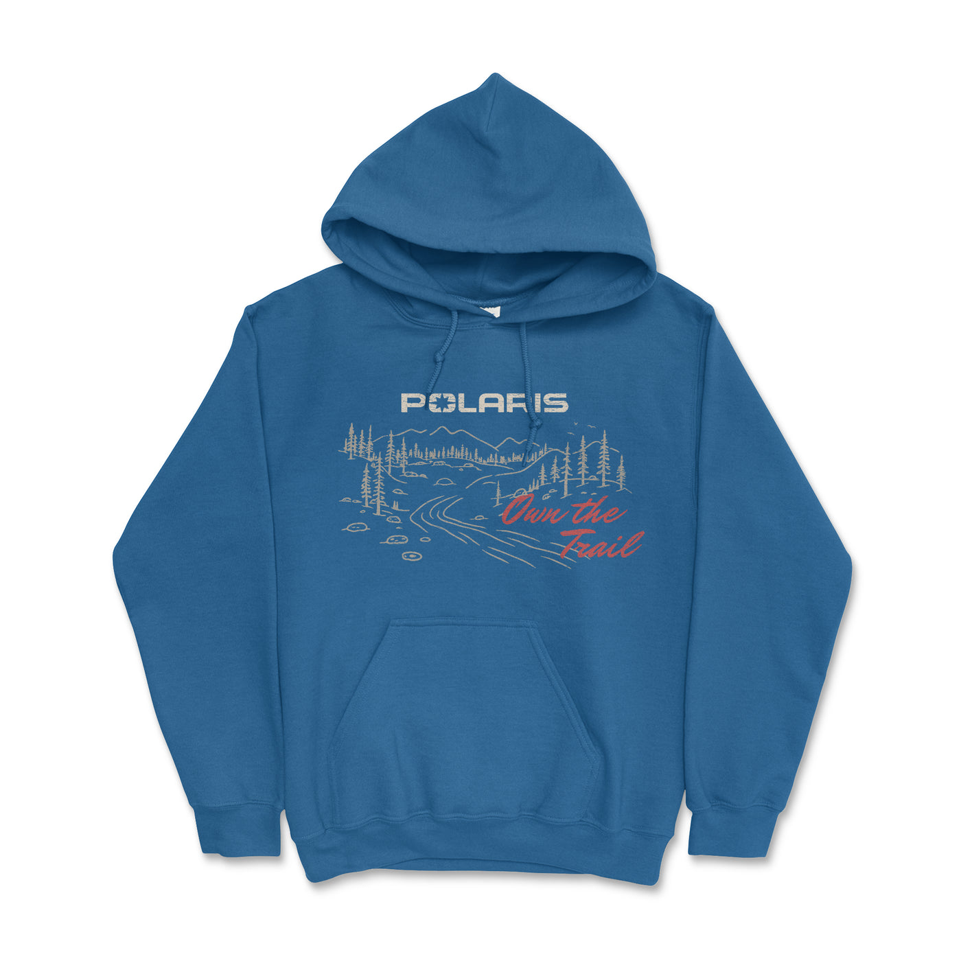 Blue hoodie with graphic design and 'Polaris' branding on a white background