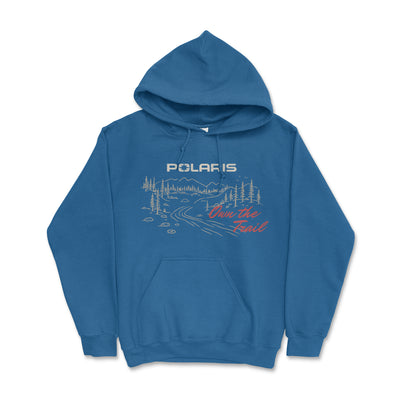 Blue hoodie with graphic design and 'Polaris' branding on a white background