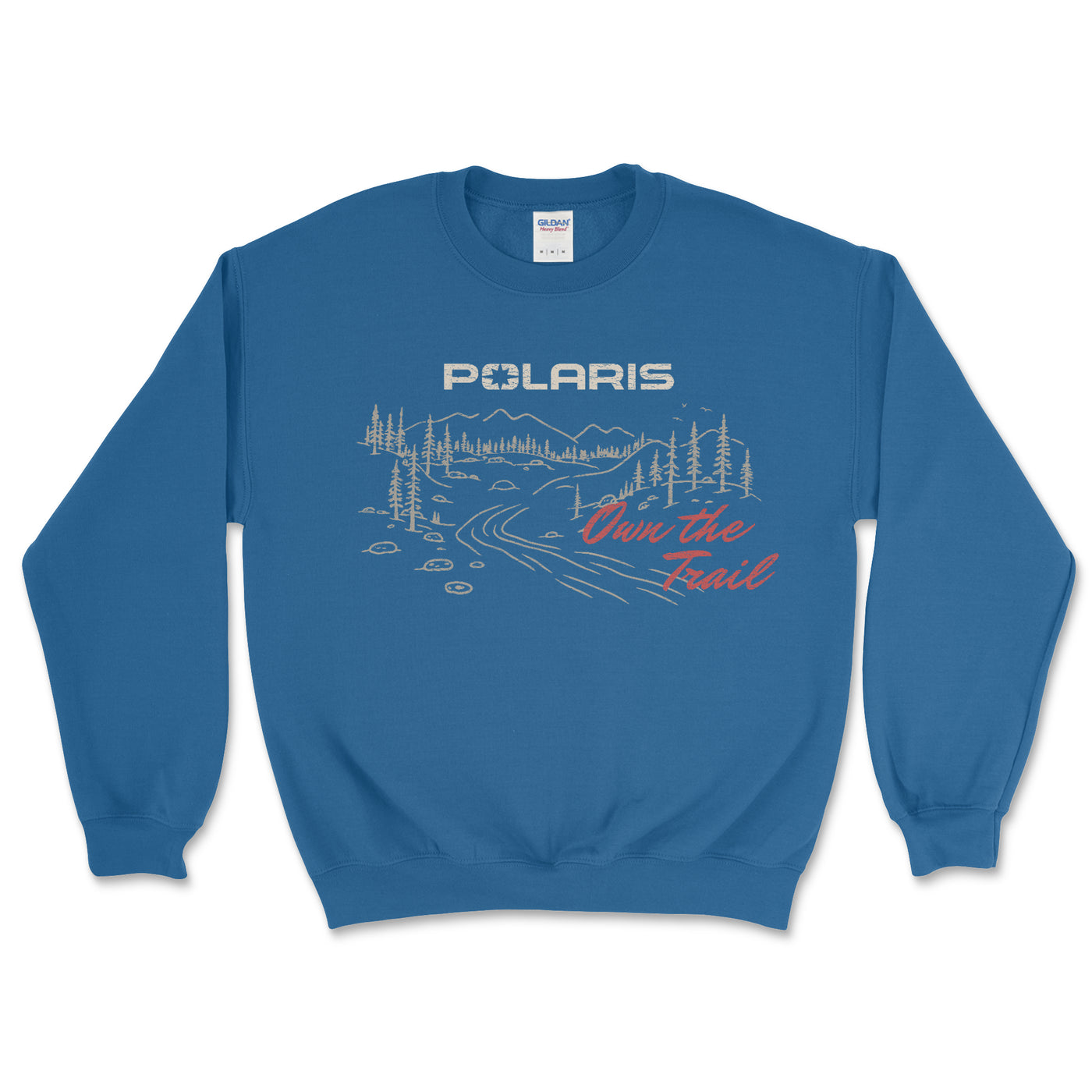 Blue sweatshirt with Polaris logo and 'Own the Trail' text on a white background