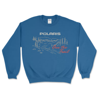 Blue sweatshirt with Polaris logo and 'Own the Trail' text on a white background