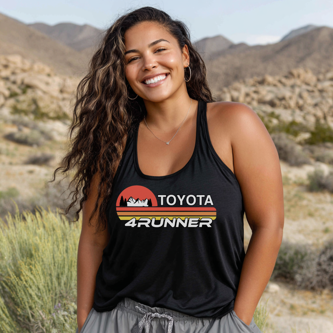 Woman wearing a black Toyota 4Runner tank top in a desert setting