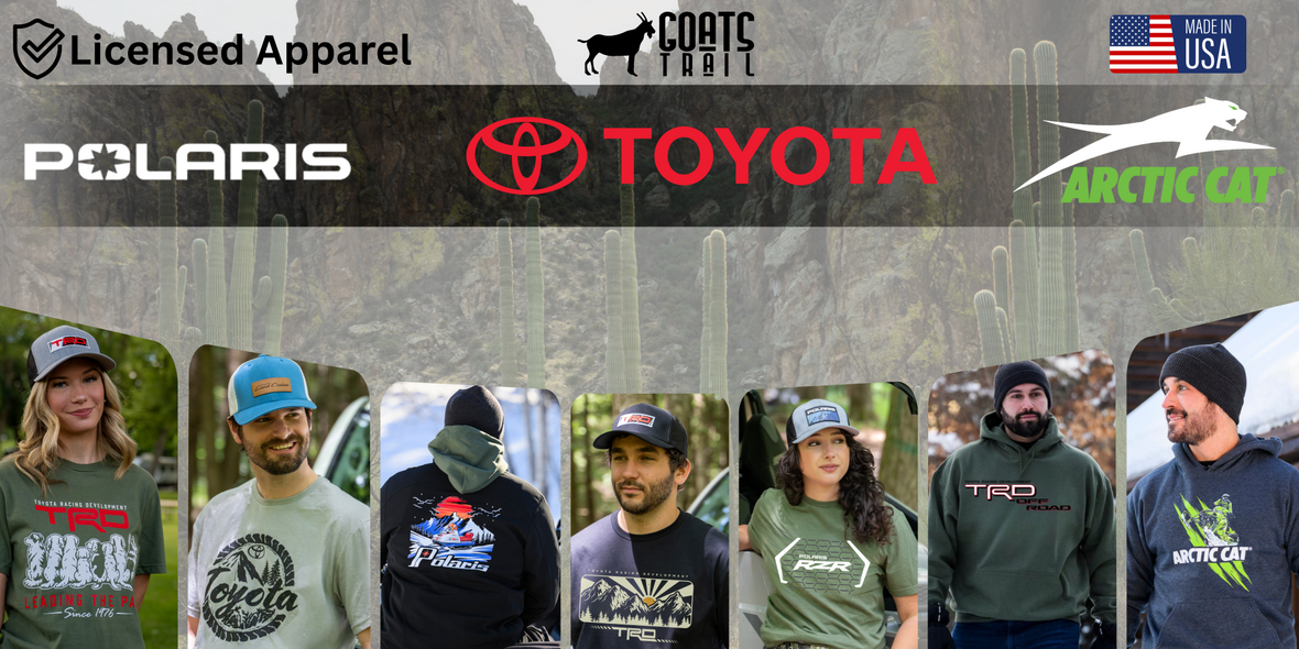 A promotional banner for Coats Trail licensed apparel, featuring the Coats Trail logo, a Toyota logo, Polaris branding, an Arctic Cat logo, and several models wearing branded hoodies and t-shirts.
