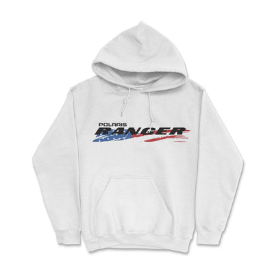 White hoodie with Polaris Ranger logo on a white background