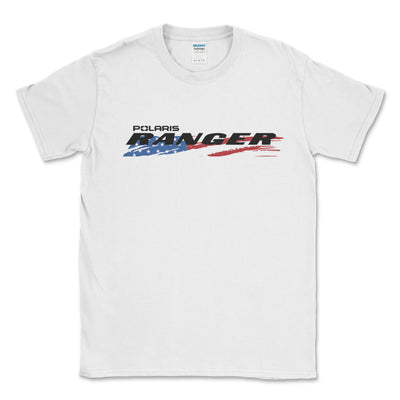 White t-shirt with Polaris Ranger logo featuring an American flag design on a white background