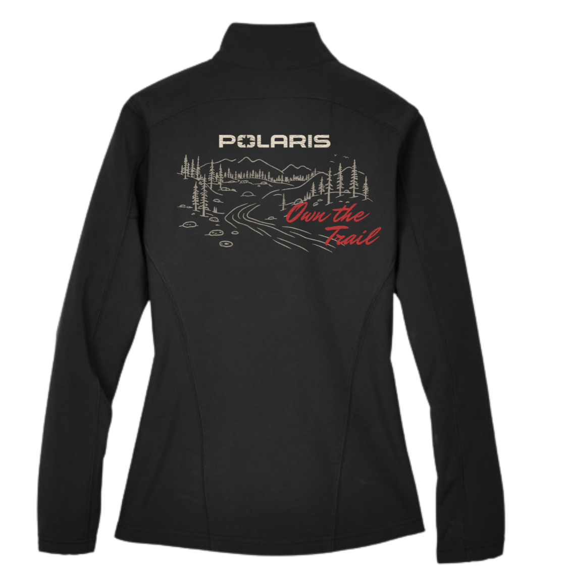 Black jacket with Polaris logo and 'Own the Trail' text on a white background