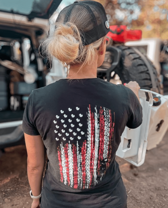 Women's American Flag Tire Track Duck Tee - Goats Trail Off - Road Apparel Company