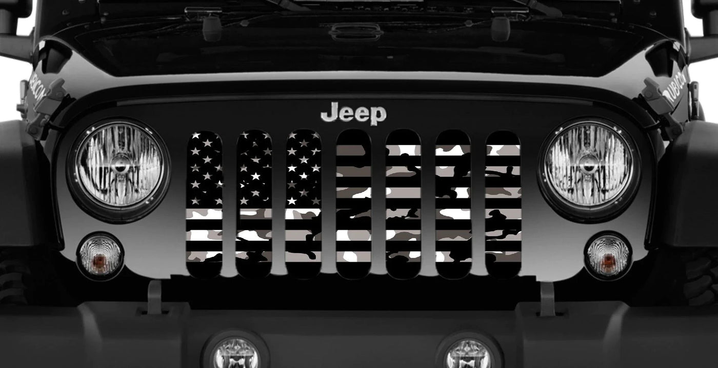 Black and White Faded Camo American Flag Grille Insert JT/JL/JLU w/ Trail Cam 2024+ includes 4xe "Newest Model" Jeep Grille Insert
