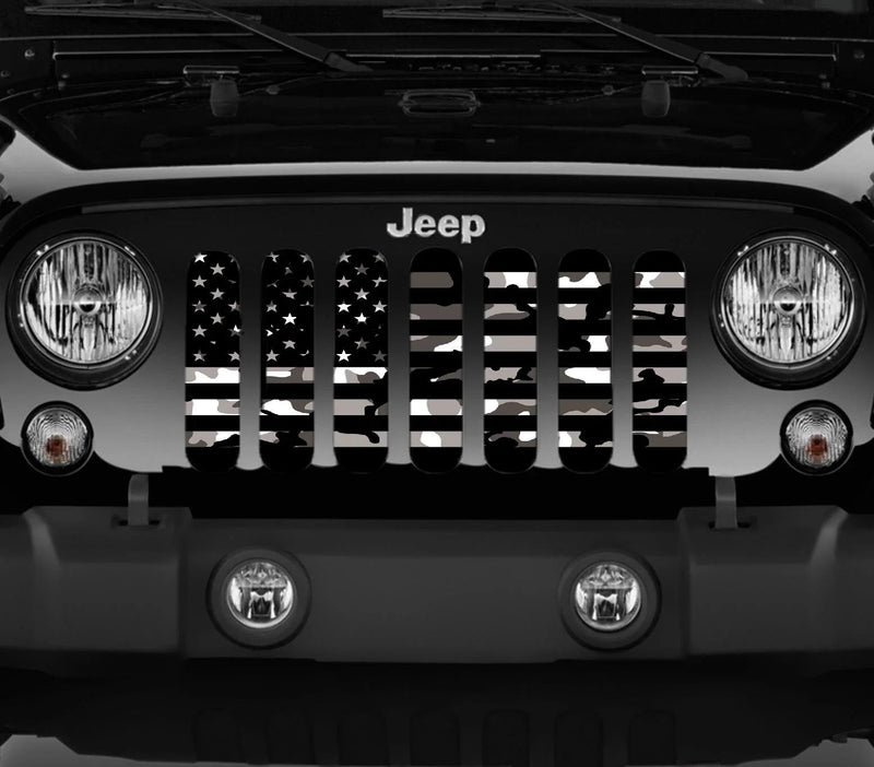 Black & White Faded Camo American Flag Grille Insert - Goats Trail
