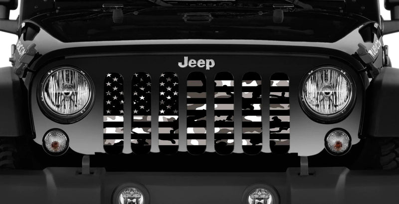 Black & White Faded Camo American Flag Grille Insert - Goats Trail