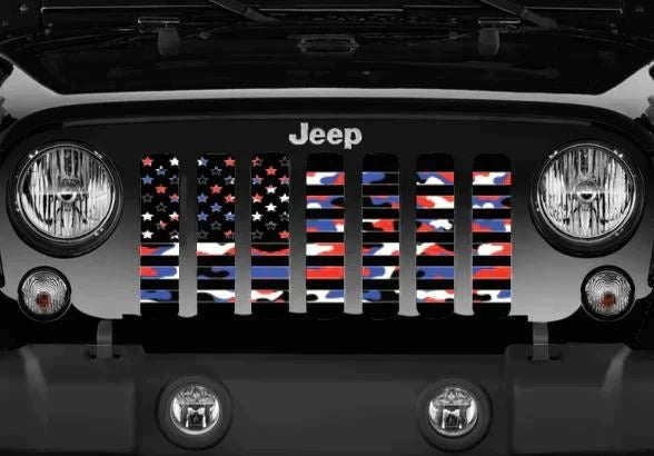 Camo Red, White and Blue American Flag Grille Insert JT/JL/JLU with Trail Cam 2024+ includes 4xe "NEW GRILLE" Jeep Grille Inserts